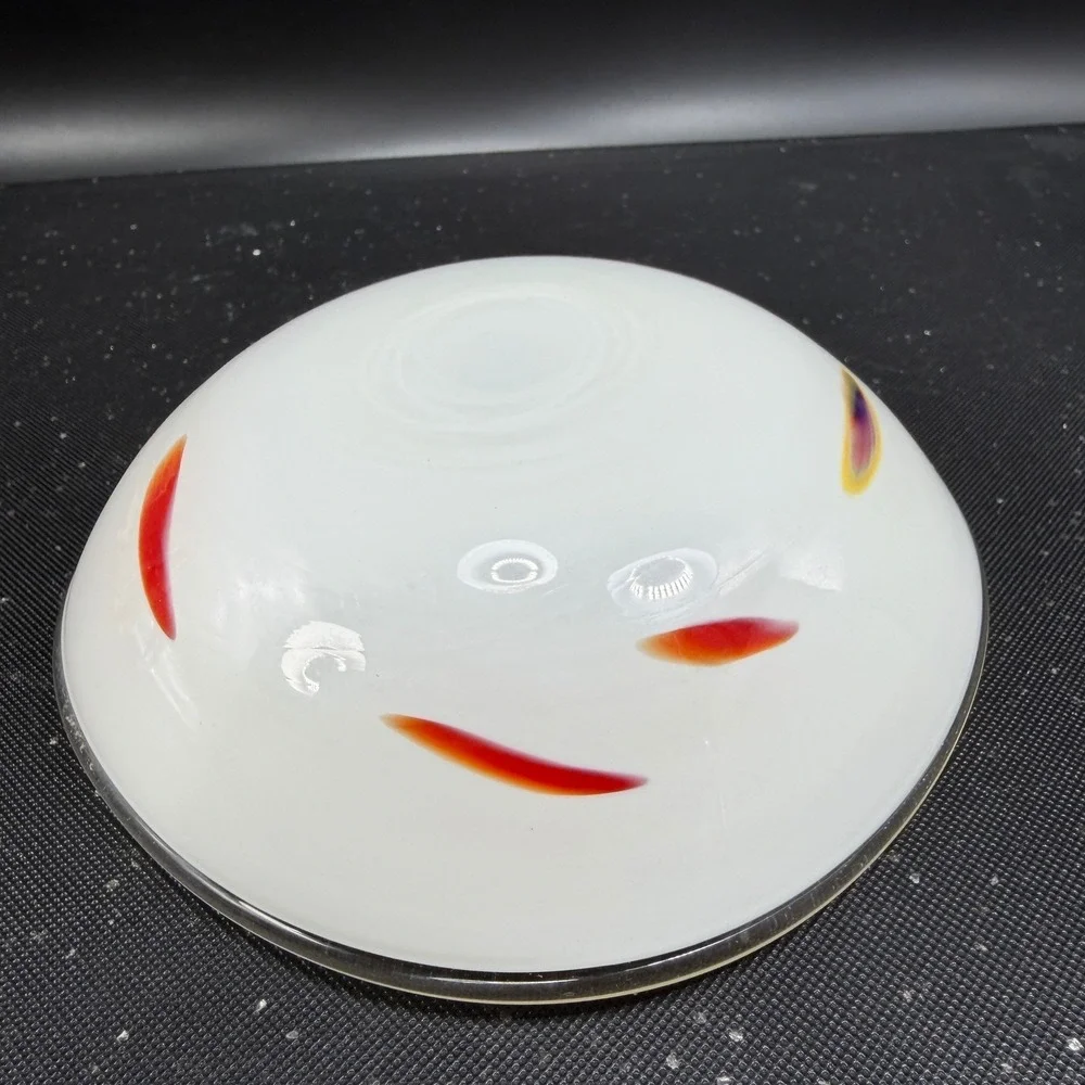 Vintage 1980s Venetian Blown Glass Dish Bowl White with Red Purple Swirls 6 Inch
